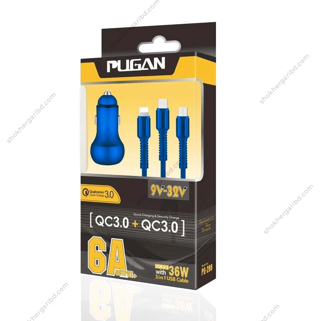 Car USB Fast Charger Pugan 3in 1 36W - Blue image