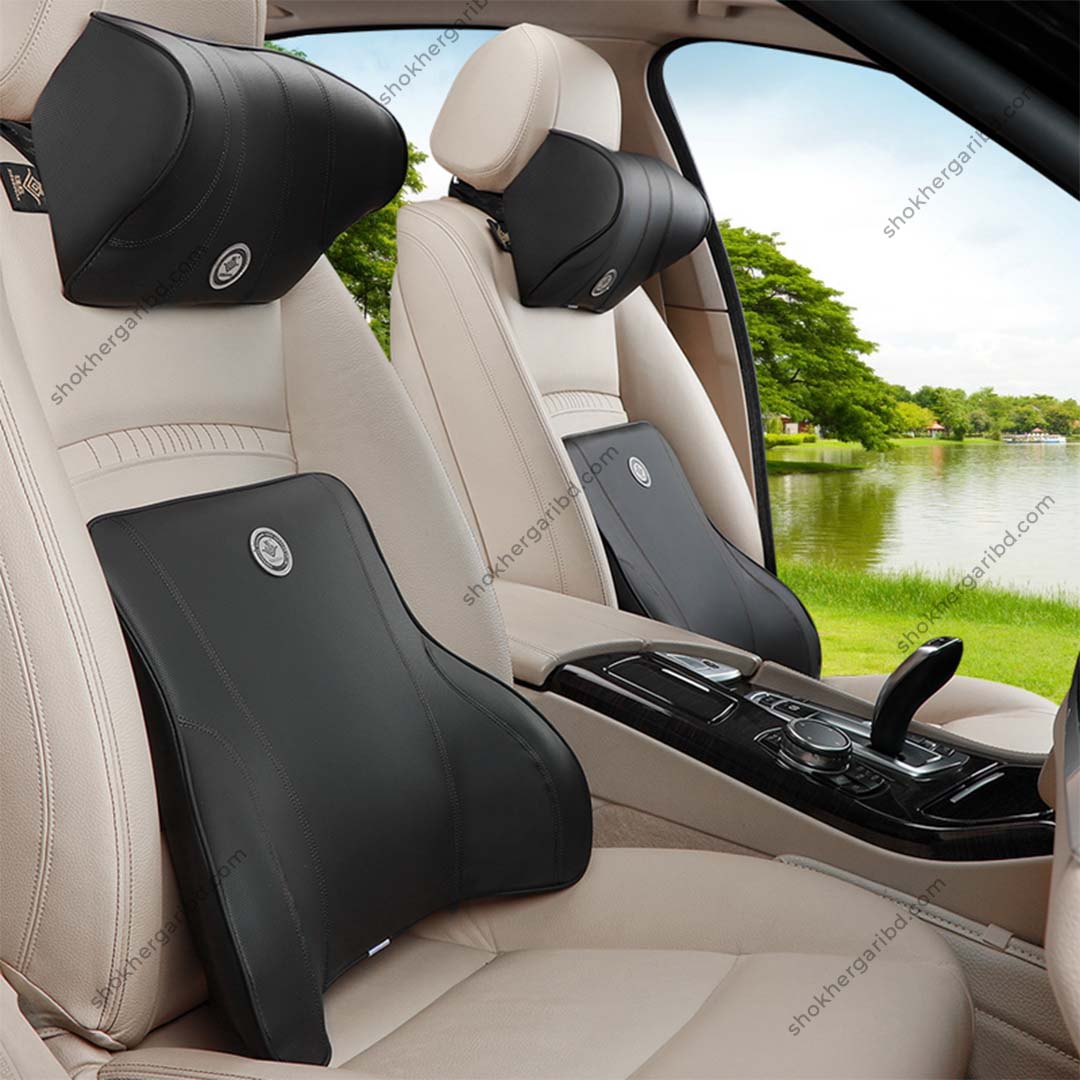 Premium Car memory foam Artificial Leather lumbar support & Neck Pillow - Black image