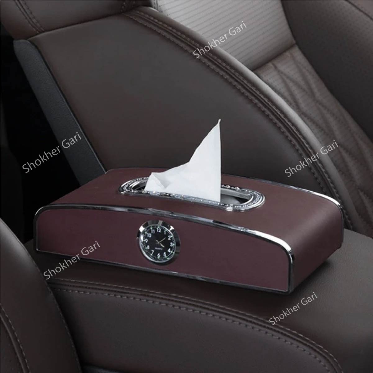 Multi-function Car Clock Tissue Box Cover Rectangular - Coffee image