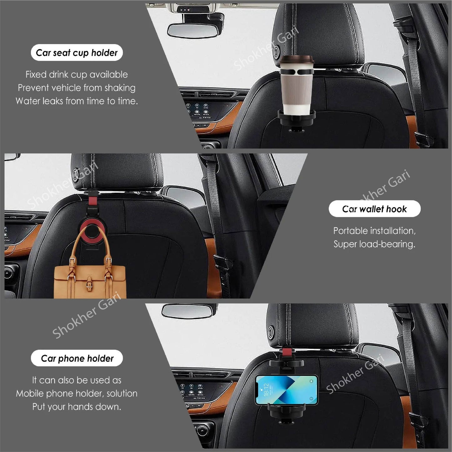 3-in-1 Seat Back Hook Car Bracket Car Cup & Mobile Holder 1Pcs