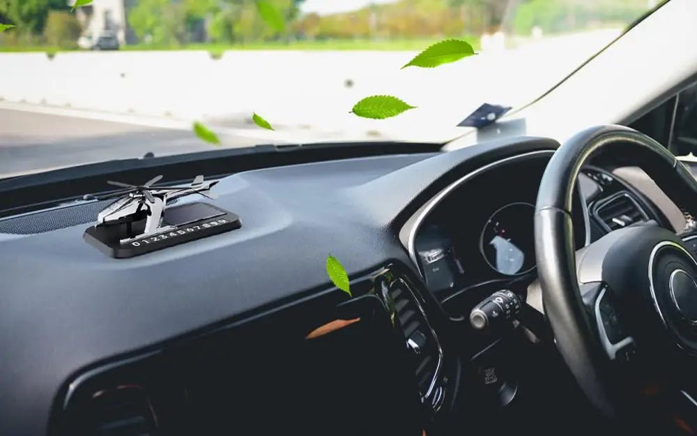 Solar Helicopter Perfume With Parking Number Holder - Car Dashboard Showpiece and Perfume