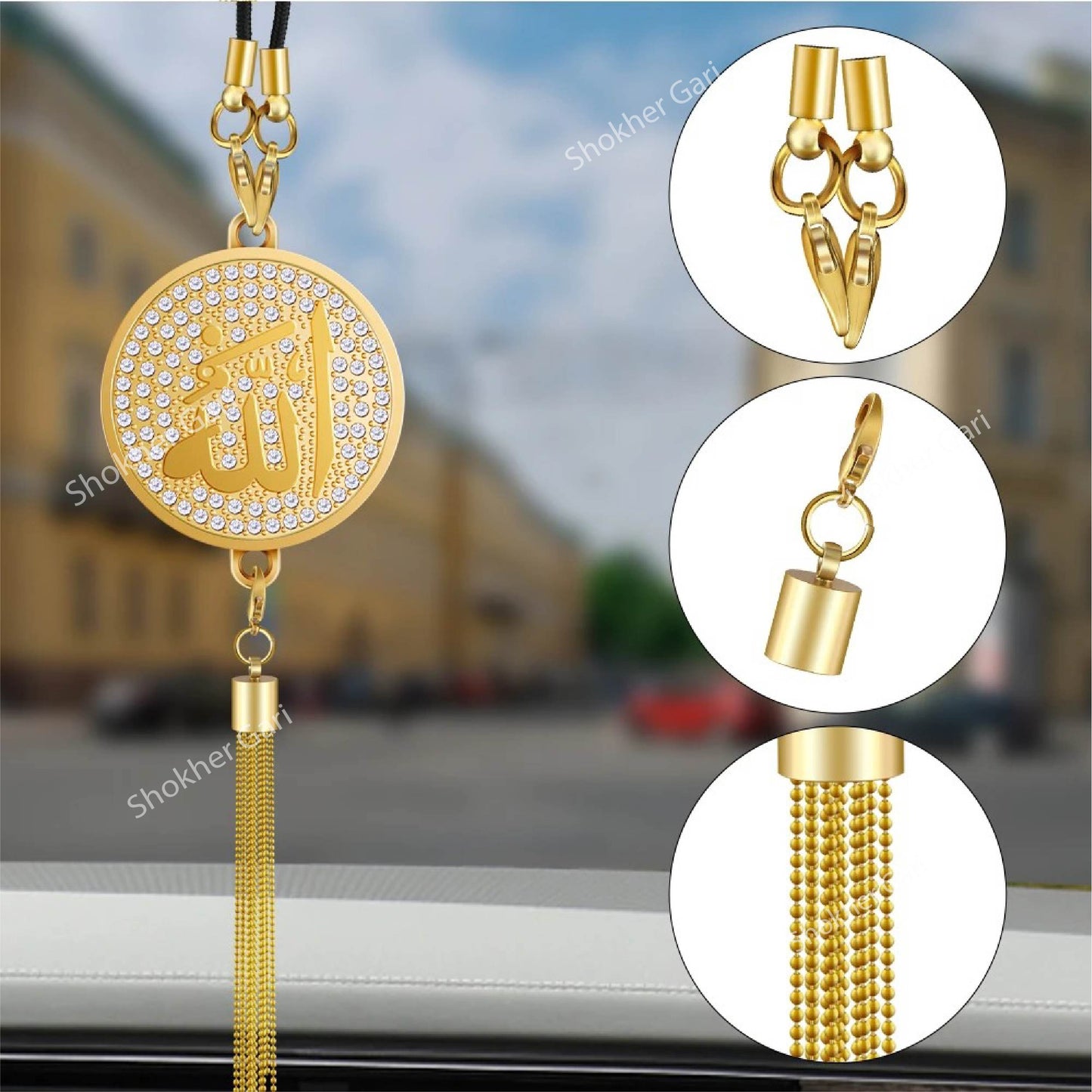 White stone Allahu Hanging Chain - Rearview Mirror Ornament Allahu-Mohammad ( 2in 1 )