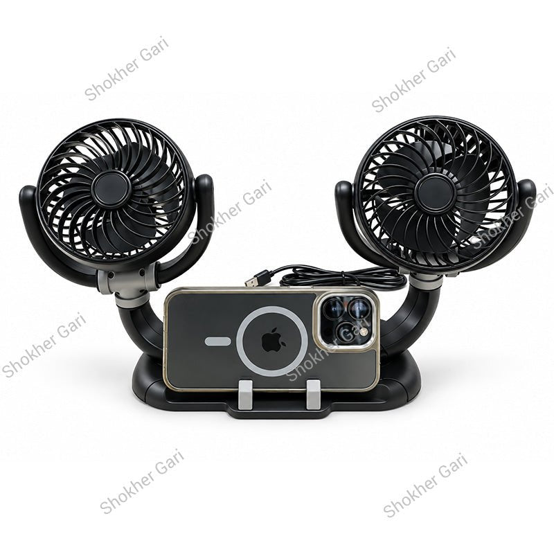 Car Dual Head USB Cooling Fan with Adjustable Phone Holder and 360° Rotatable Airflow Design