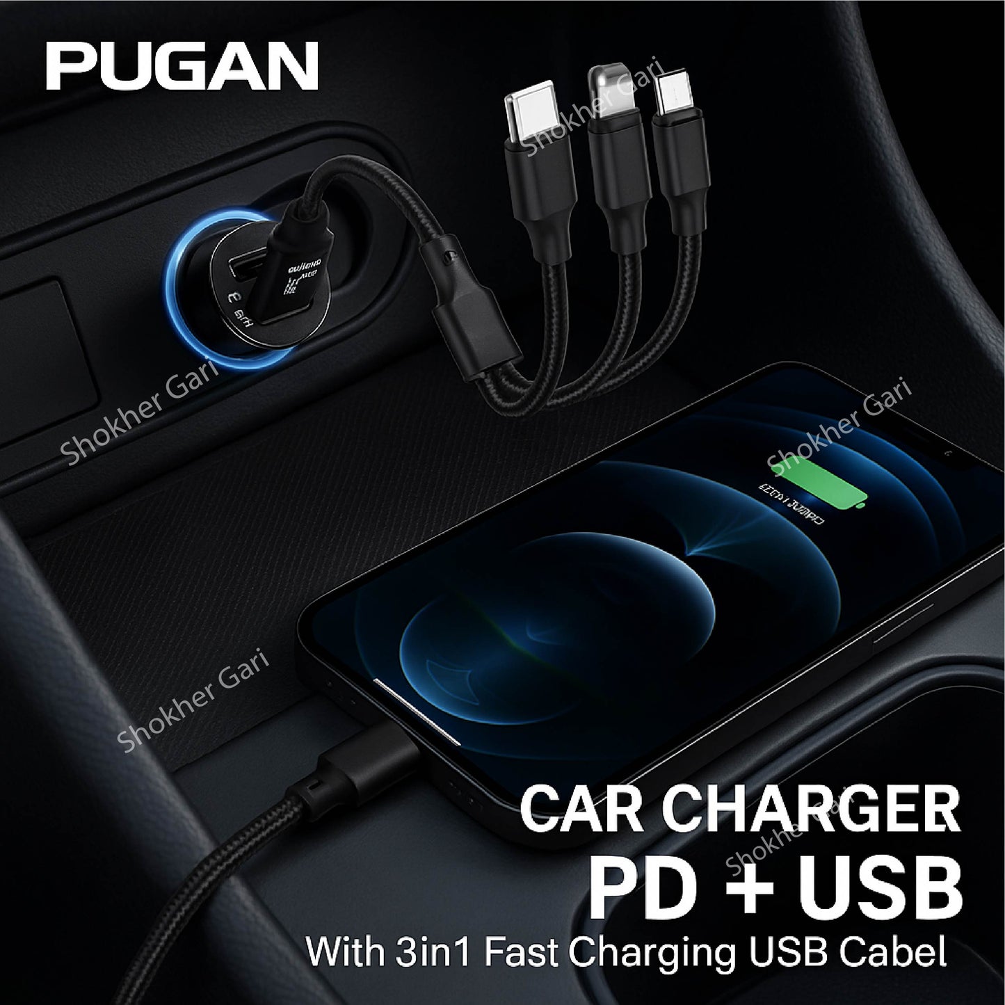Car 3 in 1 USB+Type C Charger