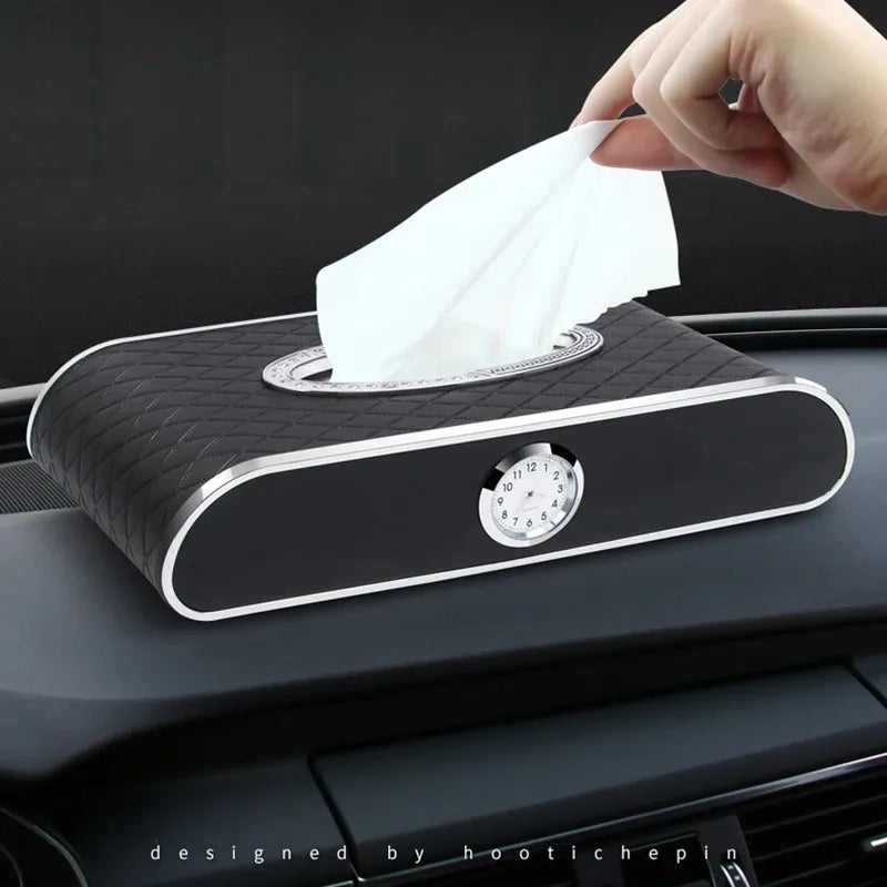 Check Design Car Tissue Box with clock - Black image