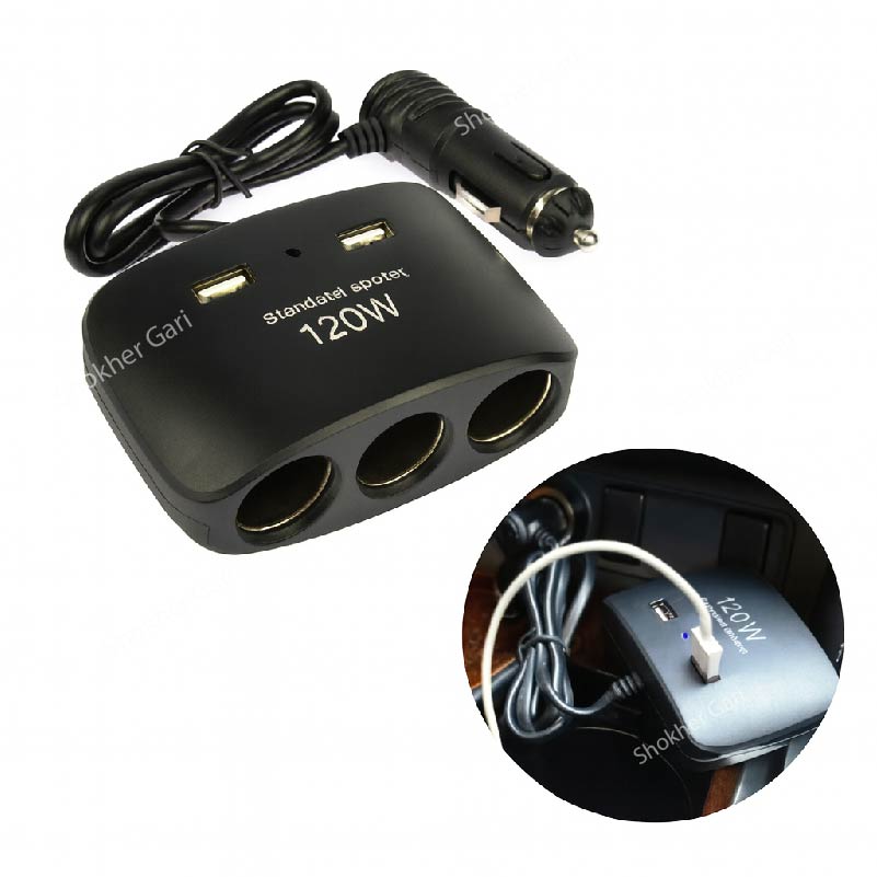 120w Car 3 Pin Socket With 2 USB Charging Put