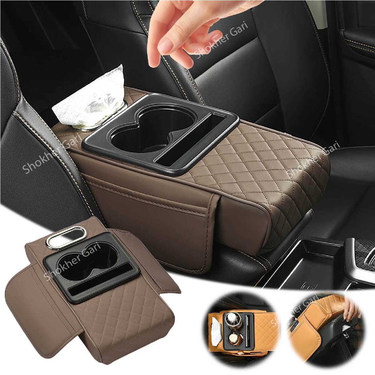 Car Armrest Cup and Phone Holder with Tissue box