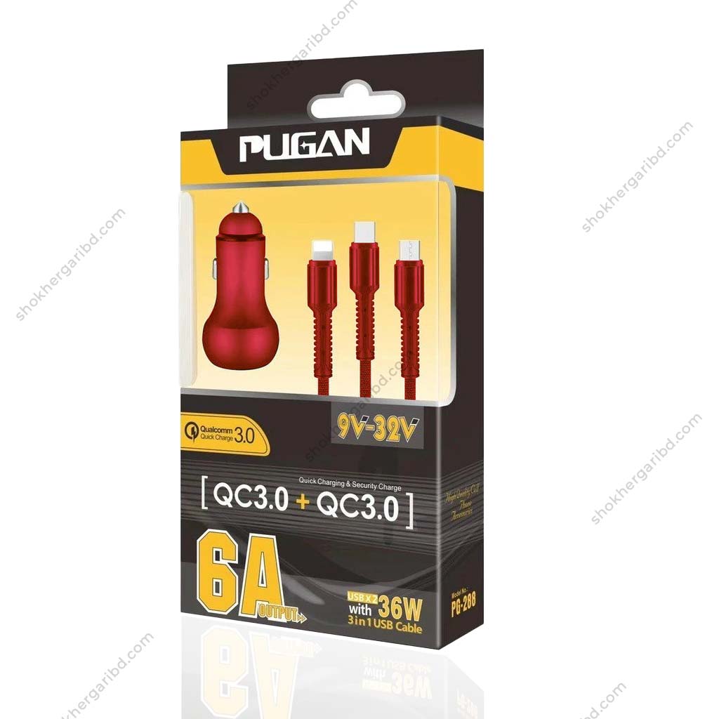 Car USB Fast Charger Pugan 3in 1 36W - Red image