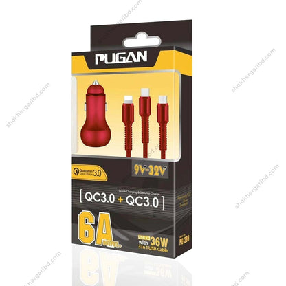 Car USB Fast Charger Pugan 3in 1 36W - Red image