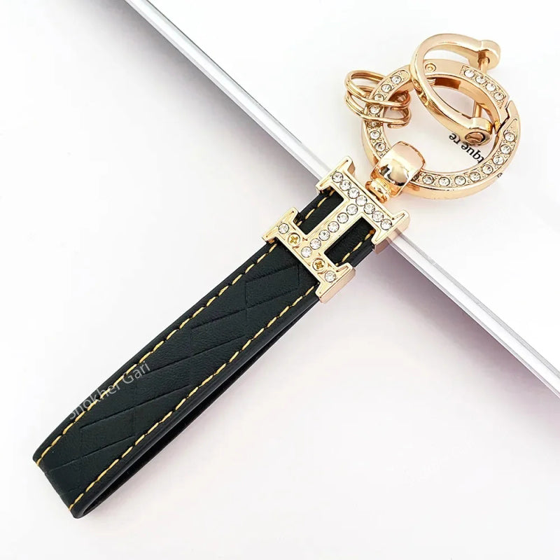 1 Pcs Check Glitter Style Pu Leather key Ring - Black image