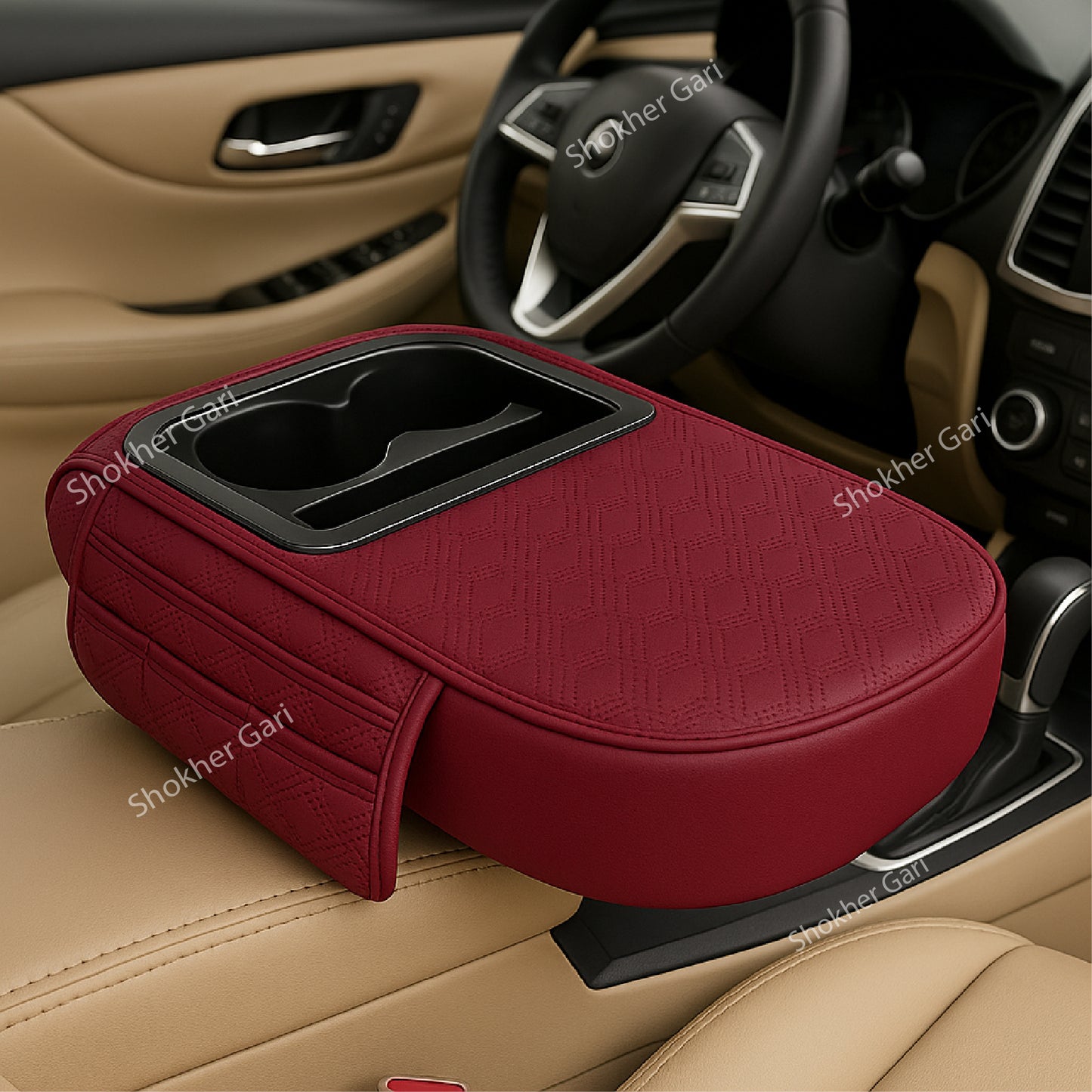 Armrest Cushion With 2 Cup Holder - Maroon image