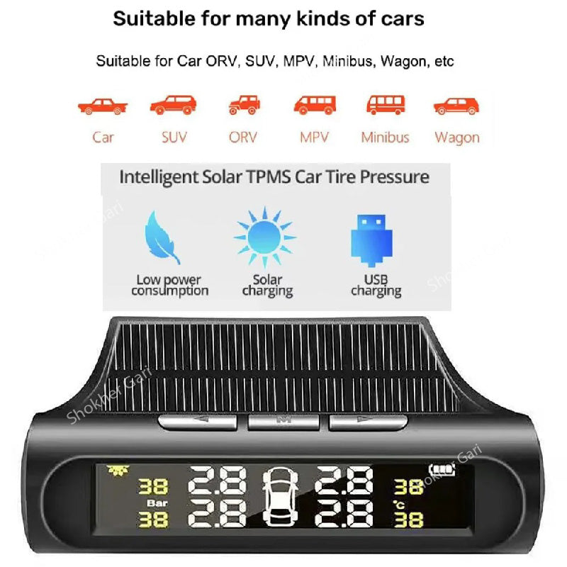 Big Nozzle Solar Power TPMS Car Tire Tyre Air Pressure meter Gauge image 1