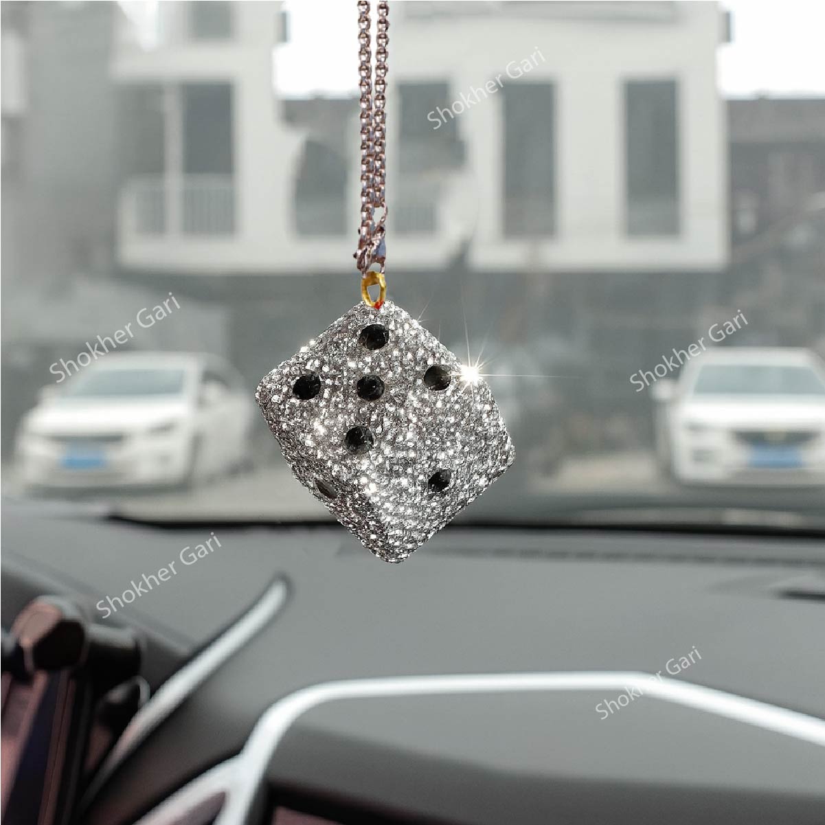 Stone Hanging Dice Car Showpiece For Mirro 1Pcs - Silver image