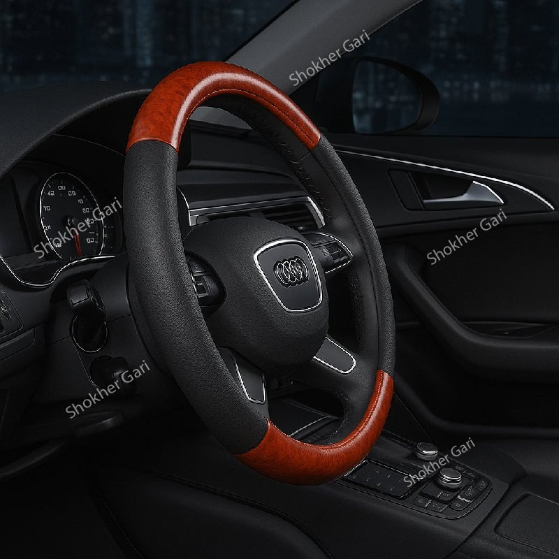 Car Wooden & Black Design Half Steering Cover
