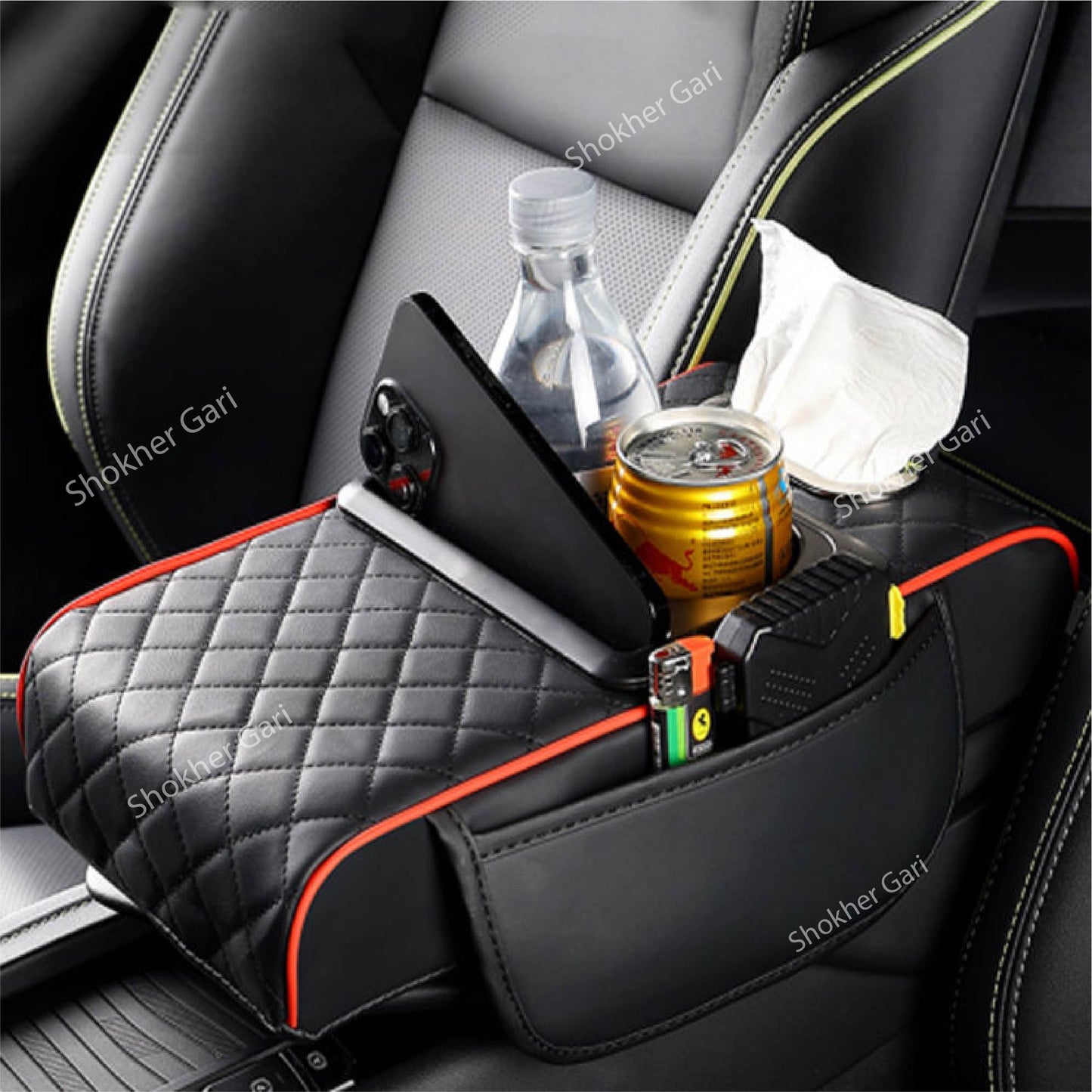 Car Armrest Cup and Phone Holder with Tissue box - Black-Red image