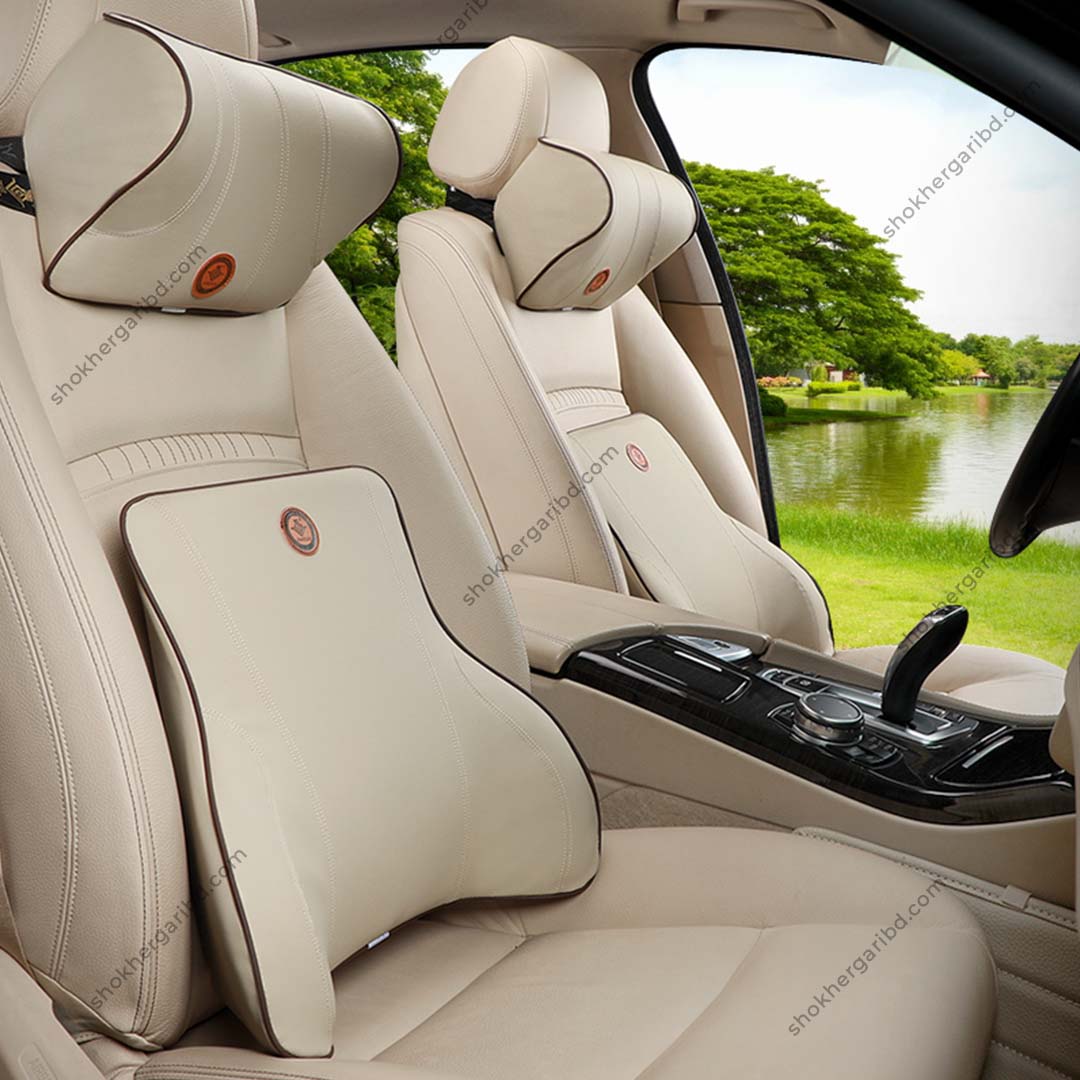 Premium Car memory foam Artificial Leather lumbar support &amp; Neck Pillow - Beige image