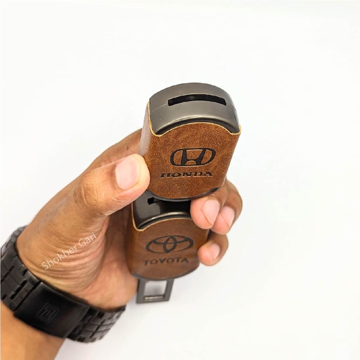 1pcs Brown PU Leather 2 IN 1 Seat Belt Clip image 6