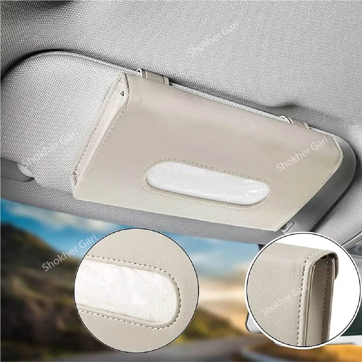 Sun visor tissue box- 2 Colours Sunshade tissue container for driving safety - Handy Car tissue dispenser - Beige image