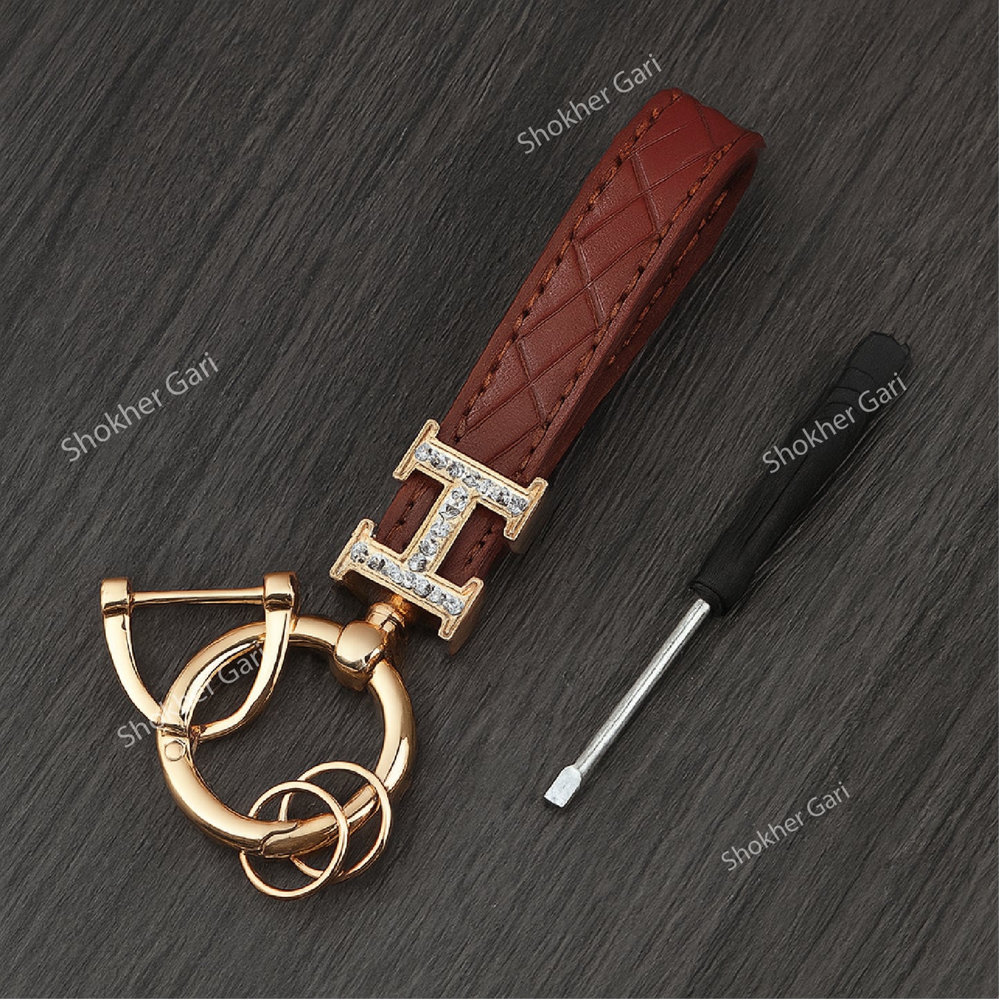 1 Pcs Check Glitter Style Pu Leather key Ring - Brown image