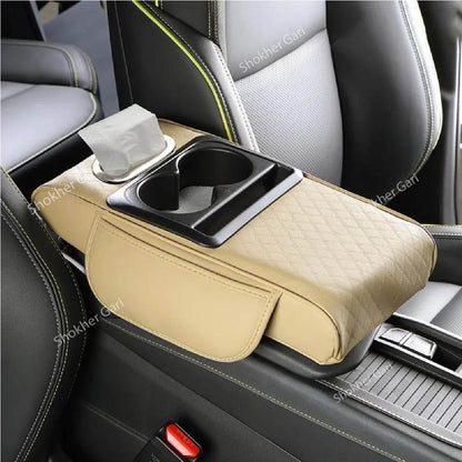 Car Armrest Cup and Phone Holder with Tissue box - Beige image