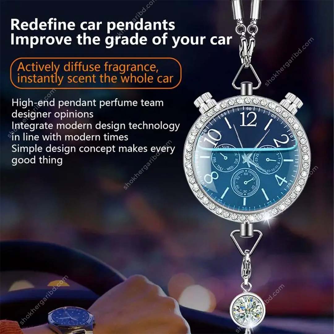 Car Clock With Air Freshener Hanging Showpiece - Silver image
