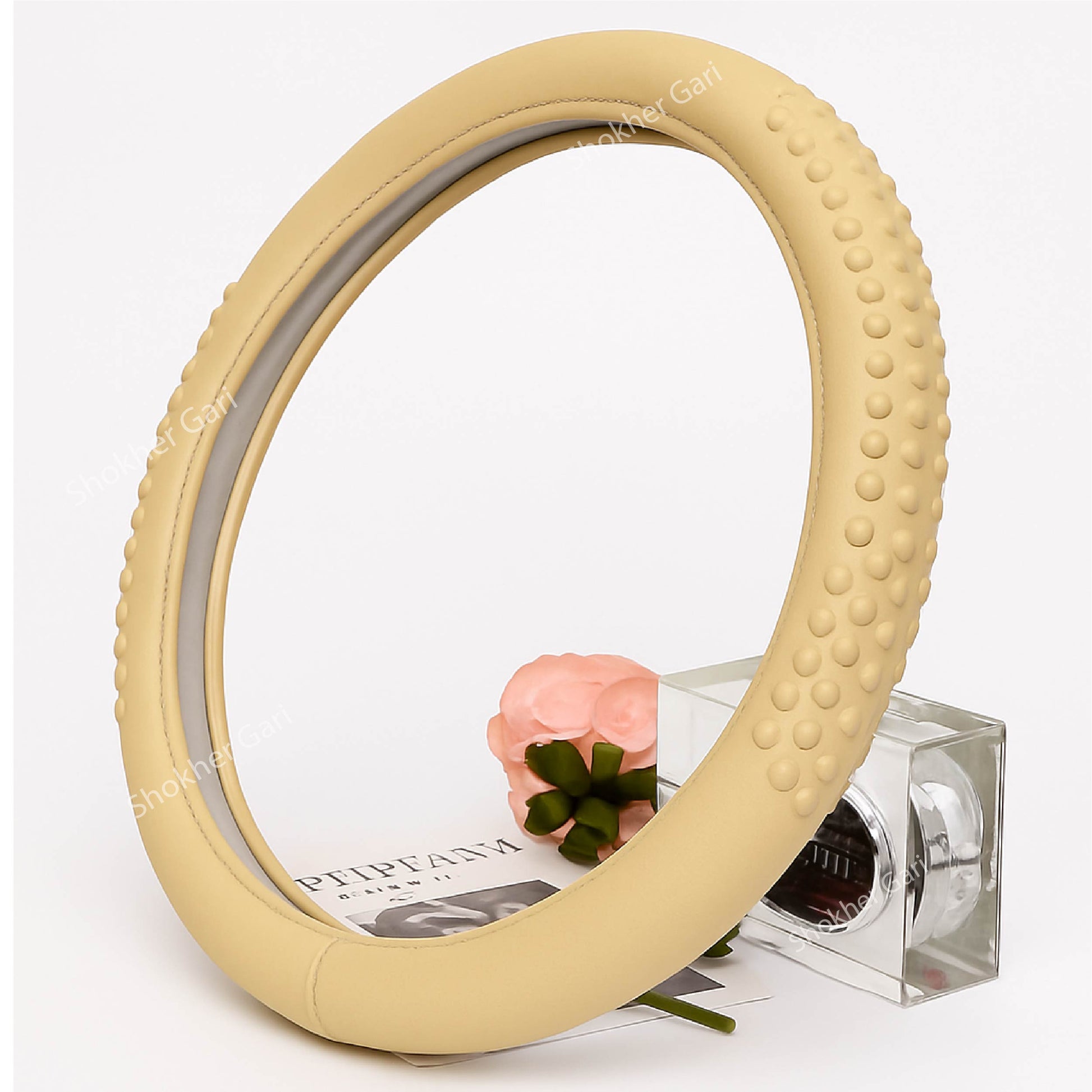 Original Leather Car Steering Cover - Beige, Round image