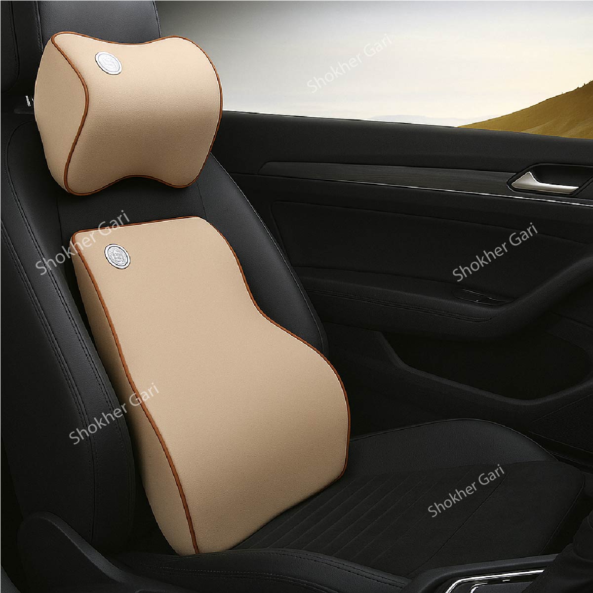 Lumbar Support Pillow Bundle -Car Neck &amp; Back Support Pillow Combo for Comfortable  Drive - 1piece Neck Pillow and 1 Piece Back Support- Memory Foam image 1