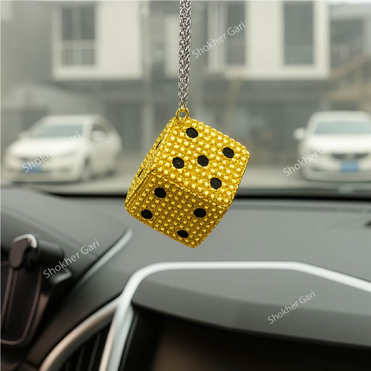 Stone Hanging Dice Car Showpiece For Mirro 1Pcs - Golden image