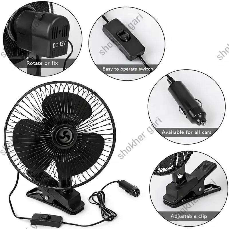 12V 8 inches Black Clip Car Cooling Metal Fan