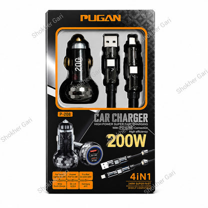 PUGAN P-208 200W Fast Car Charger With 4-in-1 Cable
