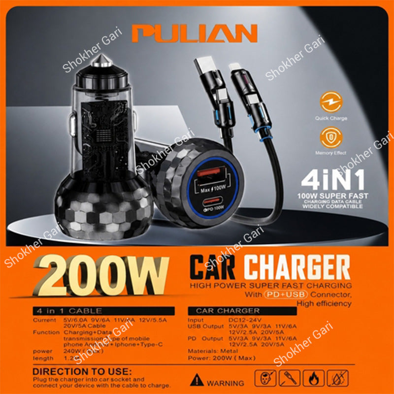 PUGAN P-208 200W Fast Car Charger With 4-in-1 Cable