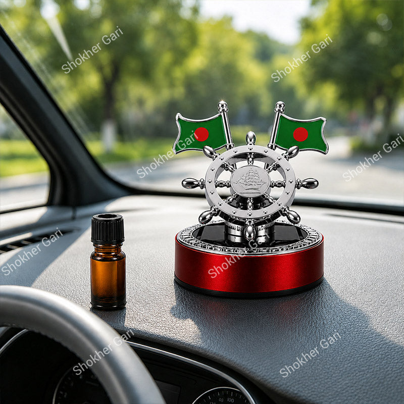 Car Ship Steering Solar Dashboard Showpiece With Bangladesh Flag & Air Freshener
