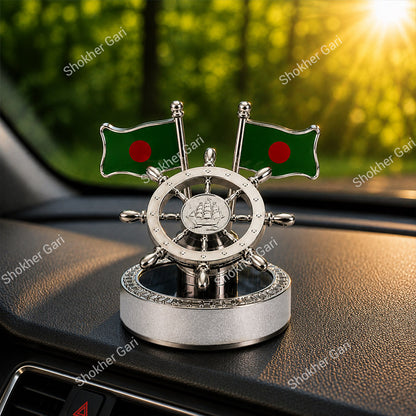 Car Ship Steering Solar Dashboard Showpiece With Bangladesh Flag & Air Freshener