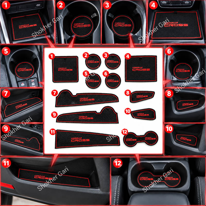 Car Toyota Corolla Cross 2020–2025 Interior Slot Pads – Waterproof anti-Slip Rubber Mat 12PCS set
