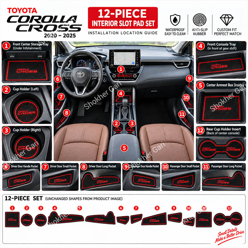 Car Toyota Corolla Cross 2020–2025 Interior Slot Pads – Waterproof anti-Slip Rubber Mat 12PCS set