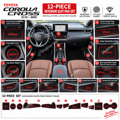 Car Toyota Corolla Cross 2020–2025 Interior Slot Pads – Waterproof anti-Slip Rubber Mat 12PCS set