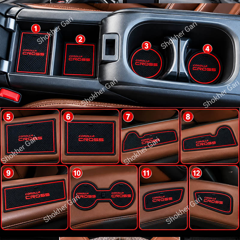 Car Toyota Corolla Cross 2020–2025 Interior Slot Pads – Waterproof anti-Slip Rubber Mat 12PCS set