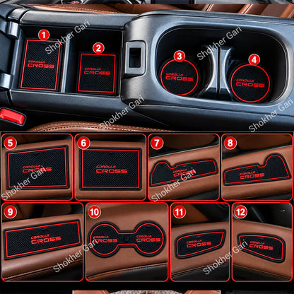 Car Toyota Corolla Cross 2020–2025 Interior Slot Pads – Waterproof anti-Slip Rubber Mat 12PCS set