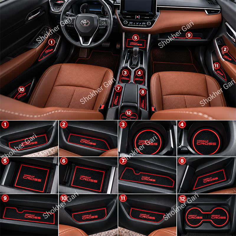 Car Toyota Corolla Cross 2020–2025 Interior Slot Pads – Waterproof anti-Slip Rubber Mat 12PCS set