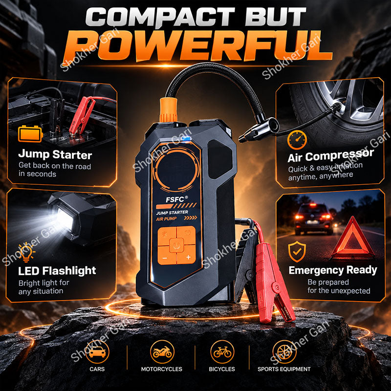 Car Jump Starter with Air Compressor, 10-in-1 Portable, 150PSI Tire Inflator.