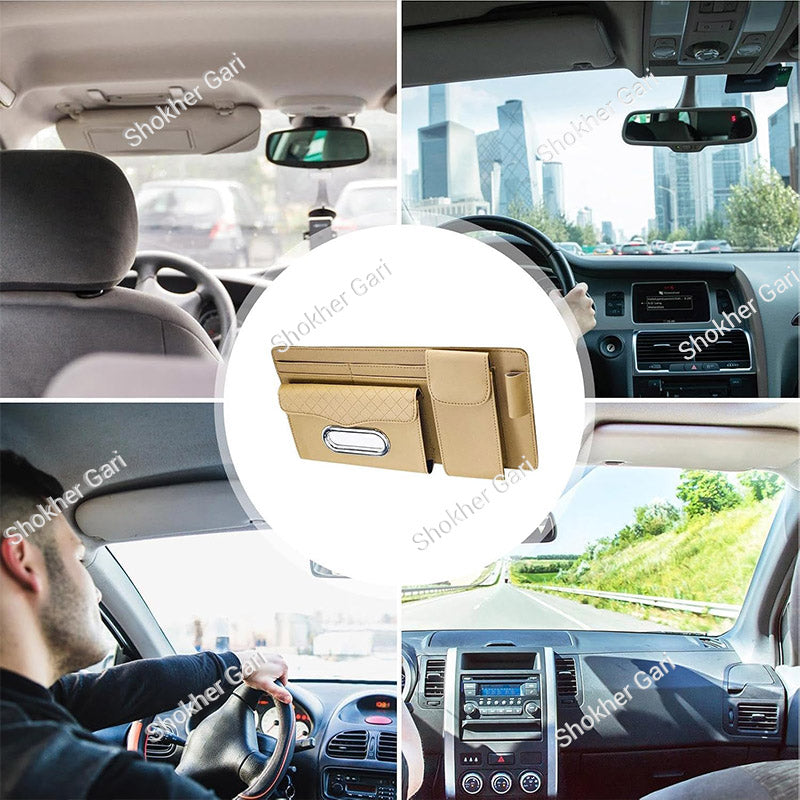 Car Visor Organizer  Multi-Pocket Tissue Box Holder with Zipper Pouch for Documents and Sunglasses -
