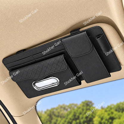 Car Visor Organizer  Multi-Pocket Tissue Box Holder with Zipper Pouch for Documents and Sunglasses -