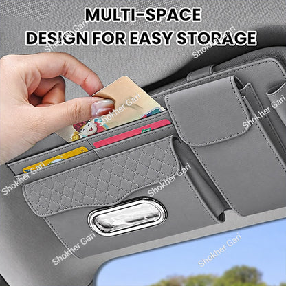 Car Visor Organizer  Multi-Pocket Tissue Box Holder with Zipper Pouch for Documents and Sunglasses -