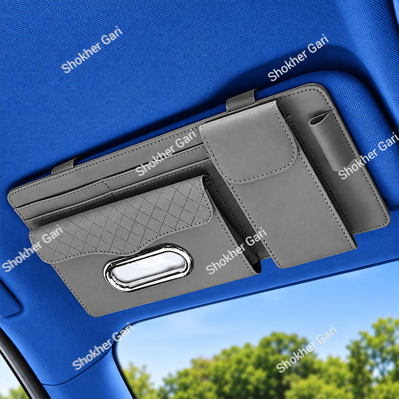 Car Visor Organizer  Multi-Pocket Tissue Box Holder with Zipper Pouch for Documents and Sunglasses -
