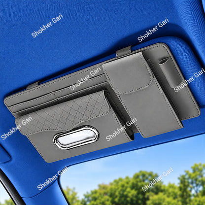 Car Visor Organizer  Multi-Pocket Tissue Box Holder with Zipper Pouch for Documents and Sunglasses -