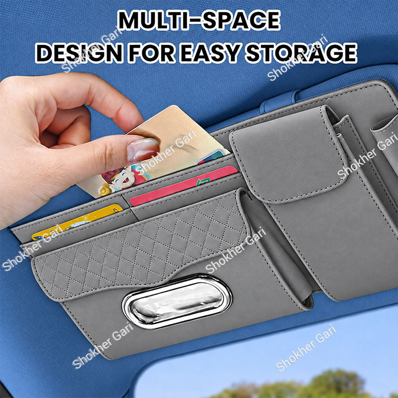Car Visor Organizer  Multi-Pocket Tissue Box Holder with Zipper Pouch for Documents and Sunglasses -