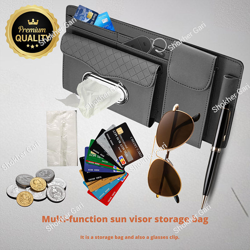 Car Visor Organizer  Multi-Pocket Tissue Box Holder with Zipper Pouch for Documents and Sunglasses -
