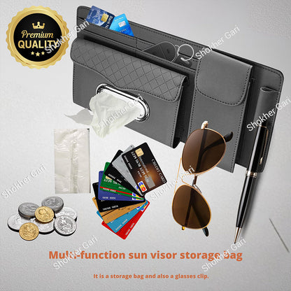 Car Visor Organizer  Multi-Pocket Tissue Box Holder with Zipper Pouch for Documents and Sunglasses -