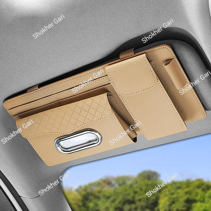 Car Visor Organizer  Multi-Pocket Tissue Box Holder with Zipper Pouch for Documents and Sunglasses -