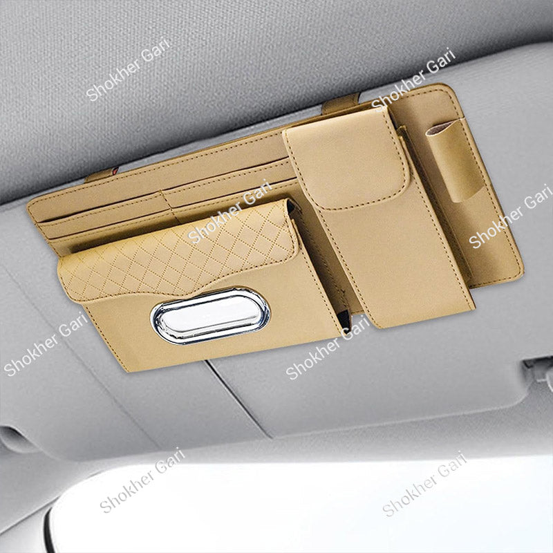 Car Visor Organizer  Multi-Pocket Tissue Box Holder with Zipper Pouch for Documents and Sunglasses -